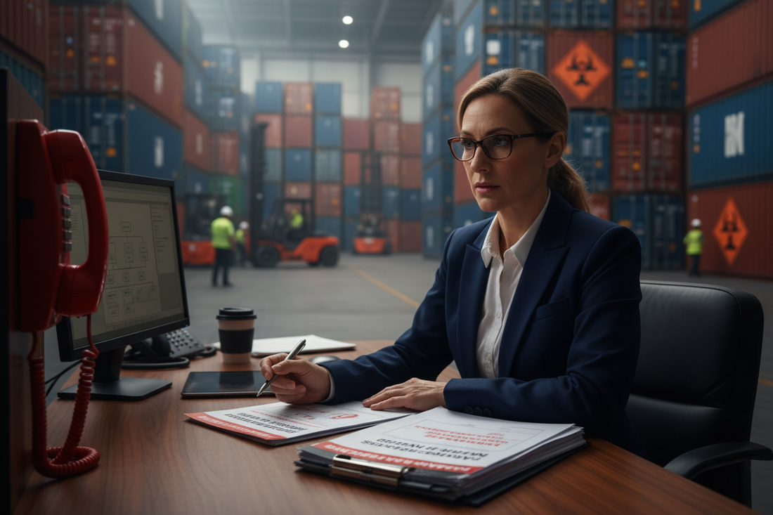 Safety compliance manager at a desk with a red emergency telephone and hazmat shipping documents, illustrating the importance of a compliant hazmat emergency response telephone number.