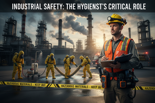 an industry hygienist overseeing a clean up operation while first responders in hazmat suits clean up the chemical spill