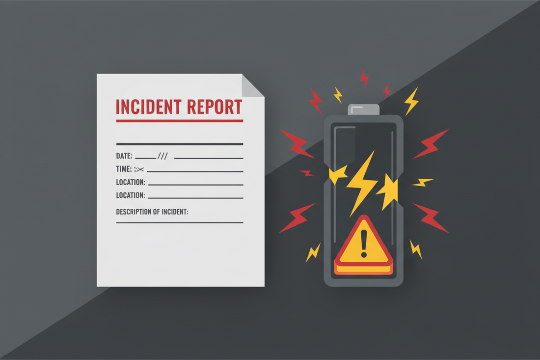 Incident report document next to a damaged lithium-ion battery icon representing battery condition documentation and handoff