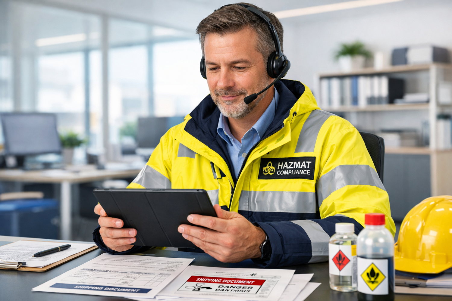 Hazmat compliance expert with headset reviewing shipping documents on tablet — Hazmat Line 24-hour emergency phone number support